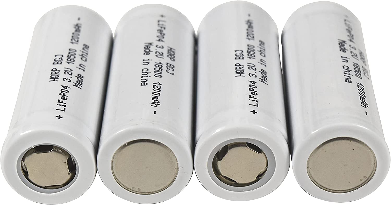 HQRP Battery 4-Pack 1200mAh IFR-18500 18500 3.2v LiFePO4 Compatible with Solar Garden Landscape Patio Light Spotlight Rechargeable with Flat Top 50mm