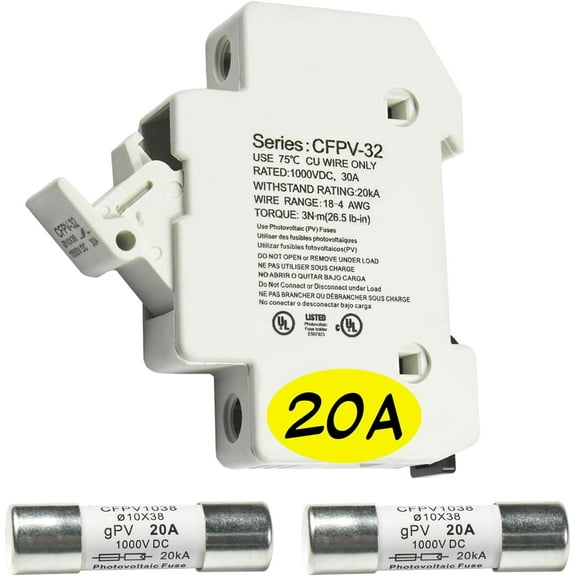 HQRP Combo: 1-Pack Solar PV CFPV-32 DIN Rail Fuse Holder, 1-32Amp, 1000VDC and 2-Pack Photovoltaic Fast Acting Fuse Links CFPV-1038, gPV Type, 20 Amp 1000V DC, 10x38mm, 20kA IR, Solar PV Ceramic Fuses