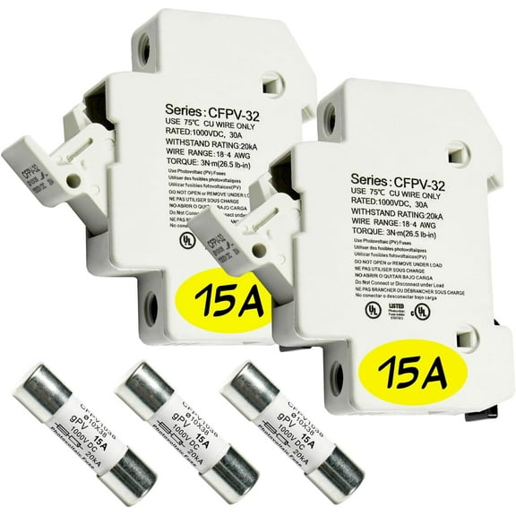 HQRP Combo: 2-Pack Solar PV CFPV-32 DIN Rail Fuse Holder, 1-32Amp, 1000VDC and 3-Pack Photovoltaic Fast Acting Fuse Links CFPV-1038, gPV Type, 15 Amp 1000V DC, 10x38mm, 20kA IR, Solar PV Ceramic Fuses