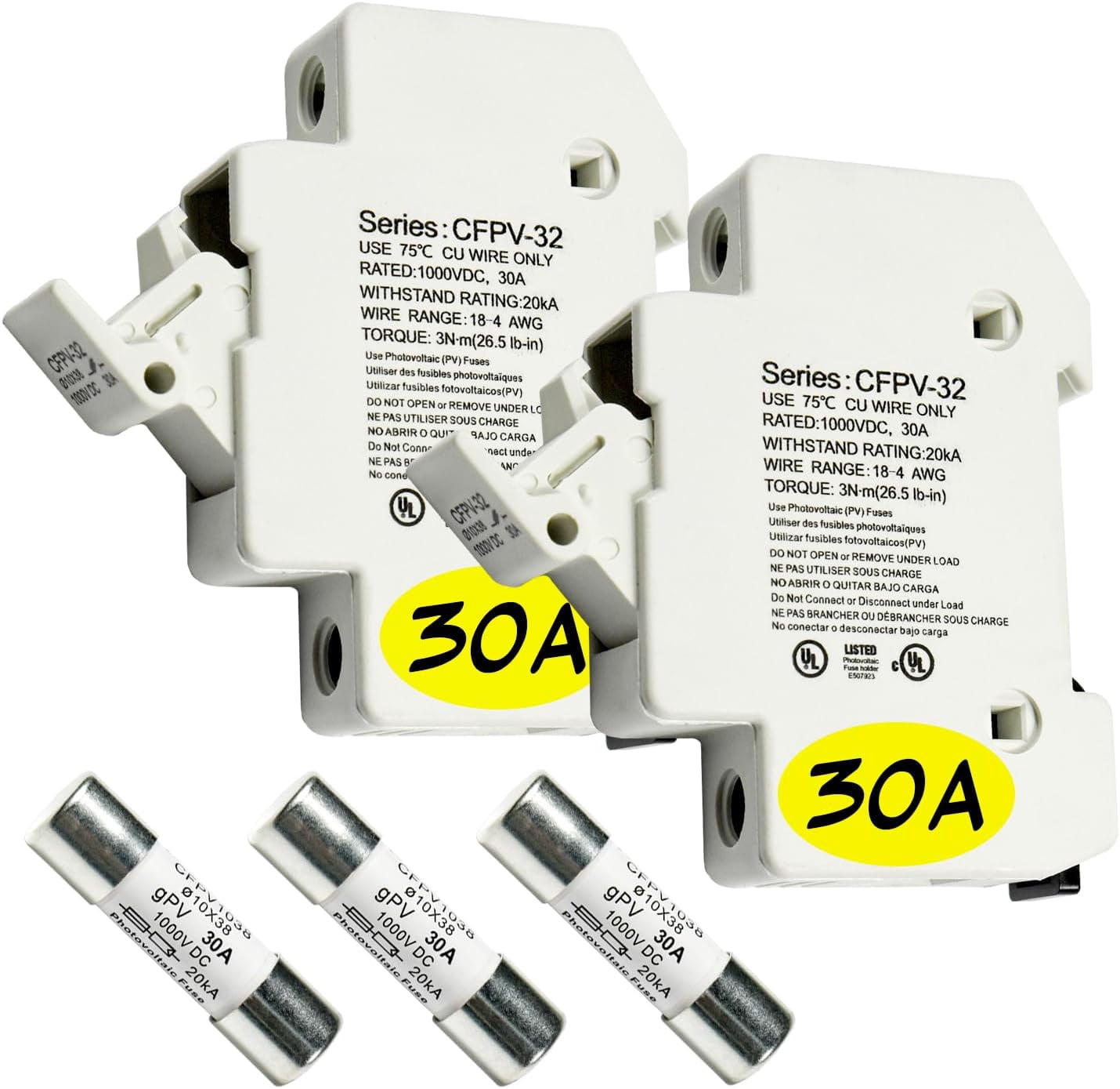 HQRP Combo: 2-Pack Solar PV CFPV-32 DIN Rail Fuse Holder, 1-32Amp, 1000VDC and 3-Pack Photovoltaic Fast Acting Fuse Links CFPV-1038, gPV Type, 30 Amp 1000V DC, 10x38mm, 20kA IR, Solar PV Ceramic Fuses