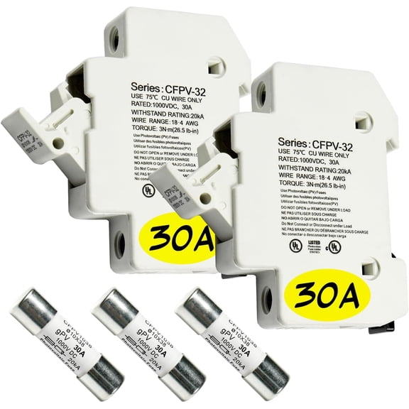HQRP Combo: 2-Pack Solar PV CFPV-32 DIN Rail Fuse Holder, 1-32Amp, 1000VDC and 3-Pack Photovoltaic Fast Acting Fuse Links CFPV-1038, gPV Type, 30 Amp 1000V DC, 10x38mm, 20kA IR, Solar PV Ceramic Fuses