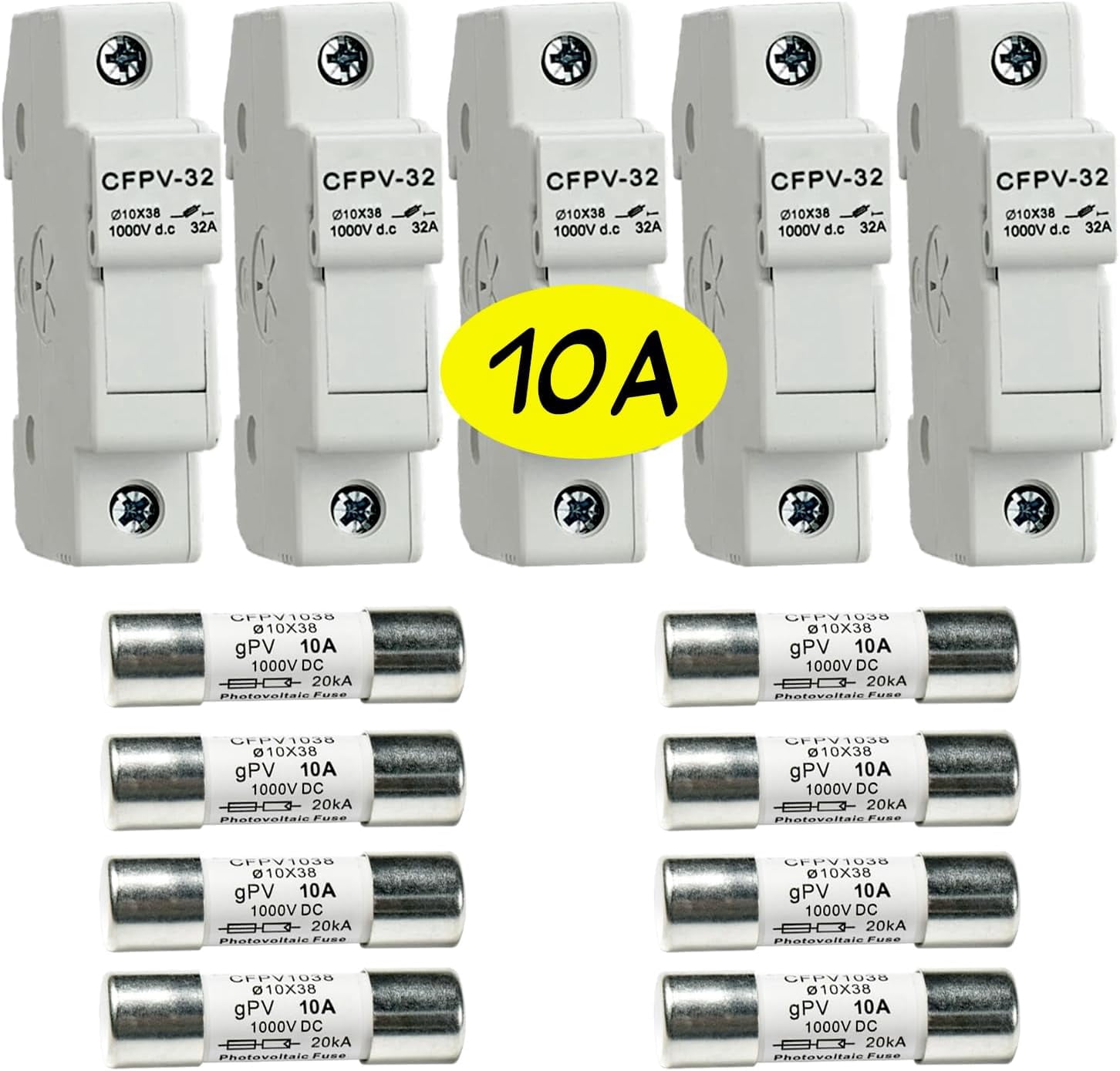 HQRP Combo: 5-Pack Solar PV CFPV-32 DIN Rail Fuse Holder, 1-32Amp, 1000VDC and 8-Pack Photovoltaic Fast Acting Fuse Links CFPV-1038, gPV Type, 10 Amp 1000V DC, 10x38mm, 20kA IR, Solar PV Ceramic Fuses