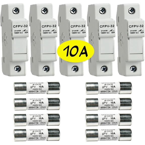 HQRP Combo: 5-Pack Solar PV CFPV-32 DIN Rail Fuse Holder, 1-32Amp, 1000VDC and 8-Pack Photovoltaic Fast Acting Fuse Links CFPV-1038, gPV Type, 10 Amp 1000V DC, 10x38mm, 20kA IR, Solar PV Ceramic Fuses