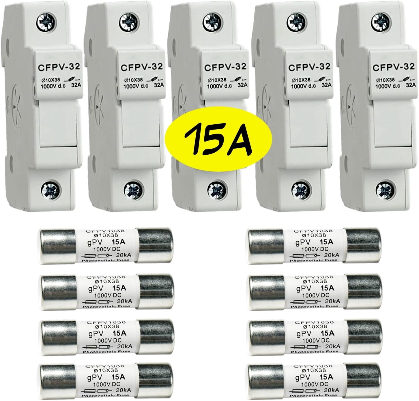 HQRP Combo: 5-Pack Solar PV CFPV-32 DIN Rail Fuse Holder, 1-32Amp, 1000VDC and 8-Pack Photovoltaic Fast Acting Fuse Links CFPV-1038, gPV Type, 15 Amp 1000V DC, 10x38mm, 20kA IR, Solar PV Ceramic Fuses