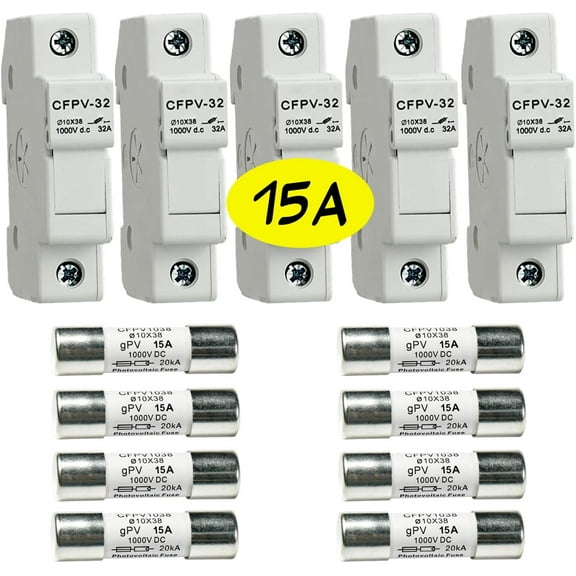 HQRP Combo: 5-Pack Solar PV CFPV-32 DIN Rail Fuse Holder, 1-32Amp, 1000VDC and 8-Pack Photovoltaic Fast Acting Fuse Links CFPV-1038, gPV Type, 15 Amp 1000V DC, 10x38mm, 20kA IR, Solar PV Ceramic Fuses