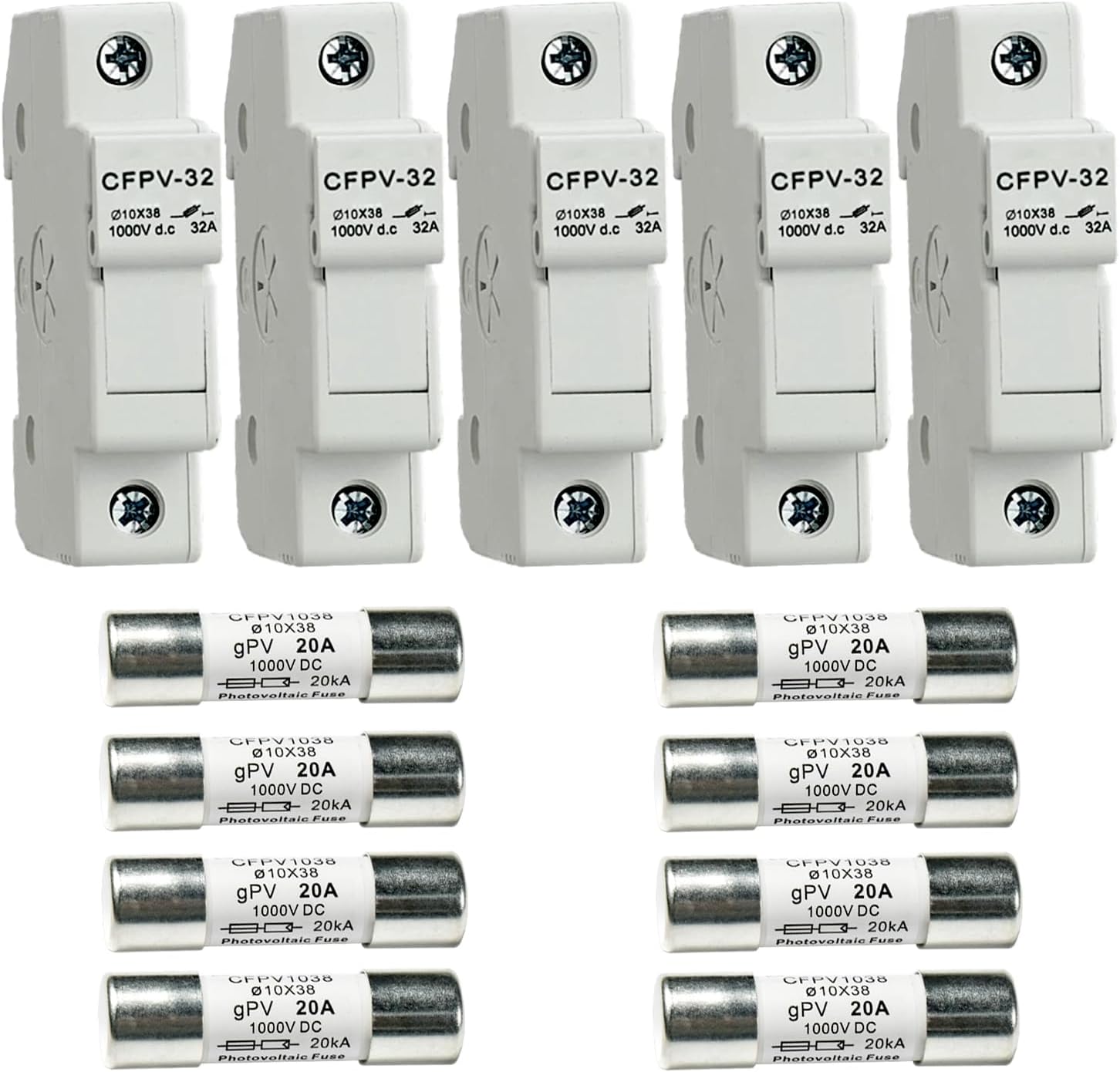 HQRP Combo: 5-Pack Solar PV CFPV-32 DIN Rail Fuse Holder, 1-32Amp, 1000VDC and 8-Pack Photovoltaic Fast Acting Fuse Links CFPV-1038, gPV Type, 20 Amp 1000V DC, 10x38mm, 20kA IR, Solar PV Ceramic Fuses