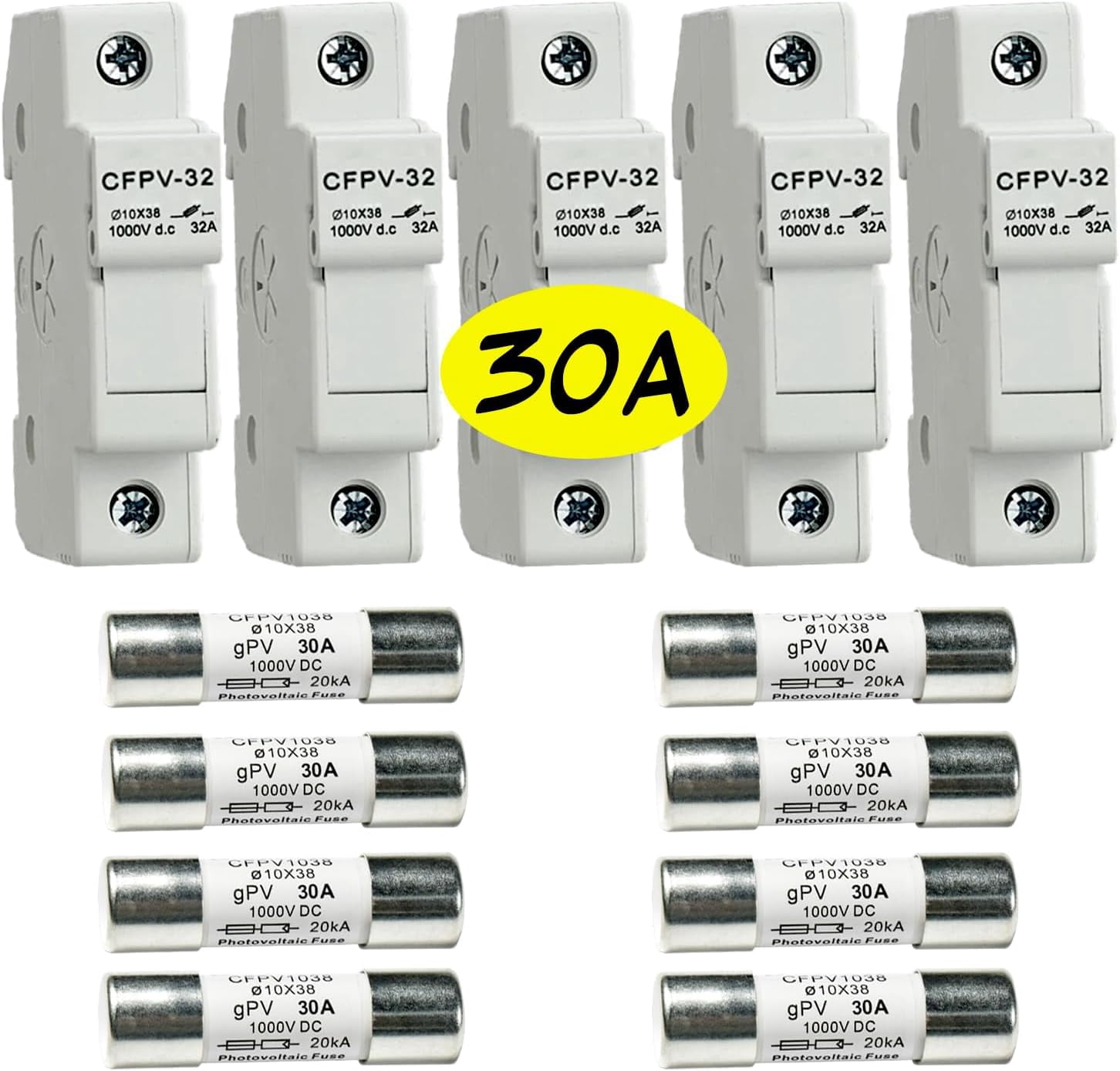 HQRP Combo: 5-Pack Solar PV CFPV-32 DIN Rail Fuse Holder, 1-32Amp, 1000VDC and 8-Pack Photovoltaic Fast Acting Fuse Links CFPV-1038, gPV Type, 30 Amp 1000V DC, 10x38mm, 20kA IR, Solar PV Ceramic Fuses