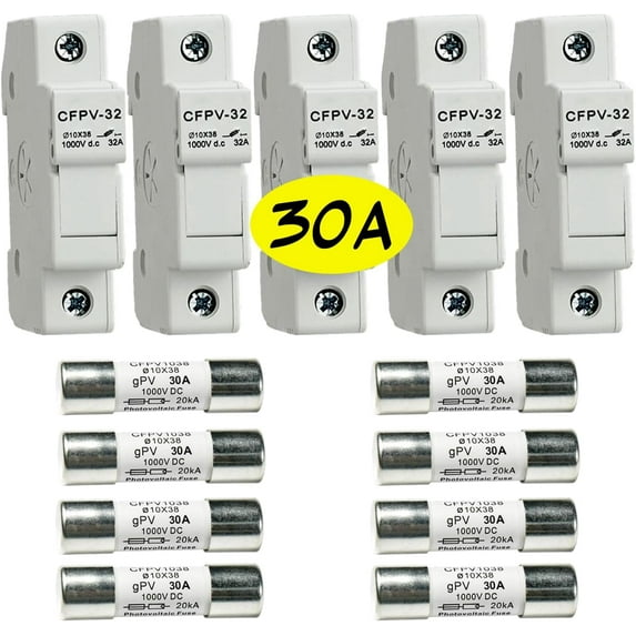 HQRP Combo: 5-Pack Solar PV CFPV-32 DIN Rail Fuse Holder, 1-32Amp, 1000VDC and 8-Pack Photovoltaic Fast Acting Fuse Links CFPV-1038, gPV Type, 30 Amp 1000V DC, 10x38mm, 20kA IR, Solar PV Ceramic Fuses