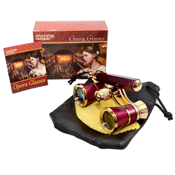 HQRP New Generation Opera Glasses Binocular 3 x 25 w/ Crystal Clear Optic (CCO) & Built-In Extendable Handle / Burgundy with Gold Trim