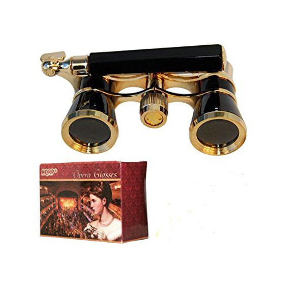 HQRP Opera Glasses Black with Gold Trim w/ Built-In Extendable Handle in Gift Box