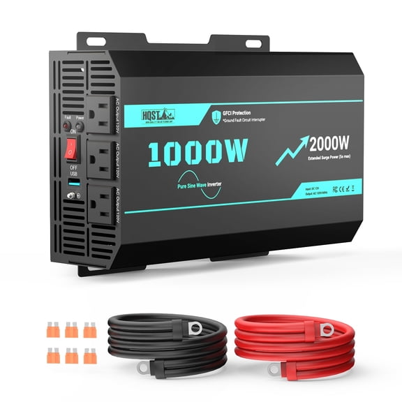 HQST 1000W Pure Sine Wave Inverter with 2000W Surge (5s max), 12V DC to 110V AC Converter, 3x AC Sockets, GFCI Protection, 94% Efficiency, Solar Power Inverters for RV, Truck, Home, Off Grid
