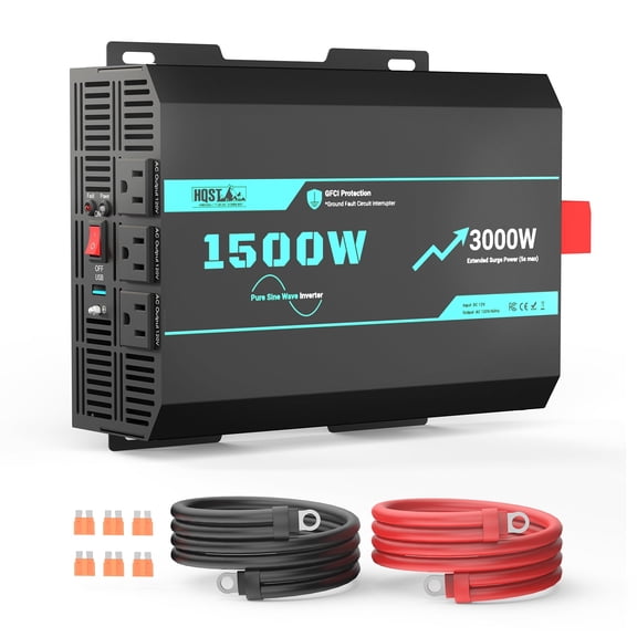 HQST 1500W Pure Sine Wave Inverter with 3000W Surge (5s max), 12V DC to 110V AC Converter, 3x AC Sockets, GFCI Protection, 94% Efficiency, Solar Power Inverters for RV, Truck, Home, Off Grid