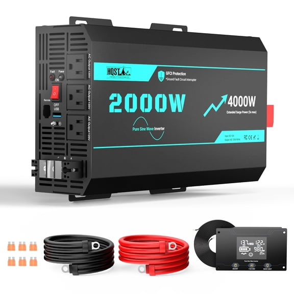 HQST 2000W Pure Sine Wave Inverter with 4000W Surge (5s max), 12V DC to 110V AC Converter, 3x AC Sockets, Hardwire Port, GFCI Protection, Remote, Solar Power Inverters for RV, Truck, Home, Off Grid