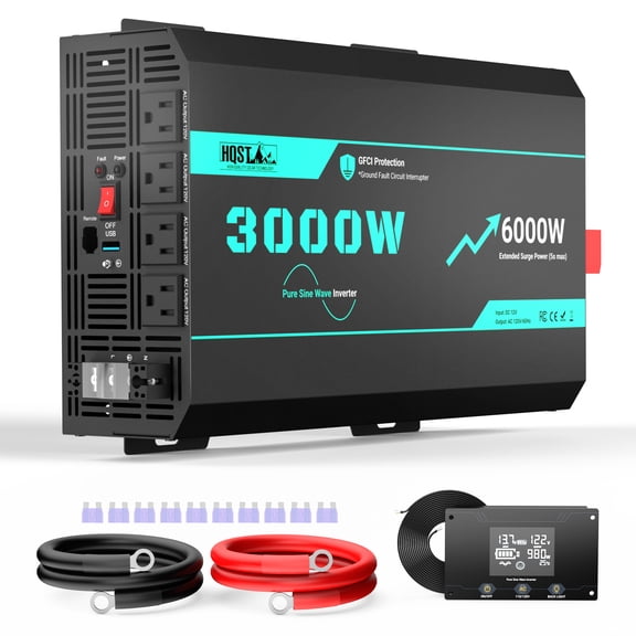 HQST 3000W Pure Sine Wave Inverter 12V DC to 110V AC Converter, w/ 6000W Peak, GFCI Protection, 4x AC Sockets, Hardwire Port, Remote, Solar Power Inverters for Vehicles, Camping, RVs, Home, Off Grid