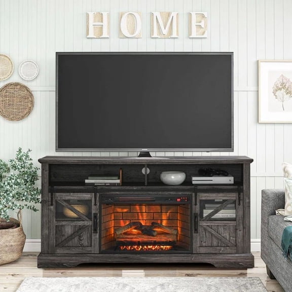 HQZX 2 Door Electric Fireplace TV Stand, Adjustable LED Flame,for TVs up to 70",Brown