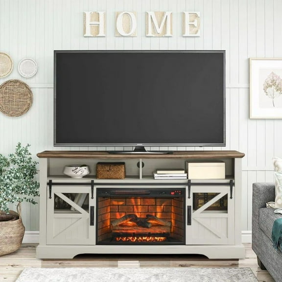 HQZX 2 Door Electric Fireplace TV Stand, Adjustable LED Flame,for TVs up to 70",White