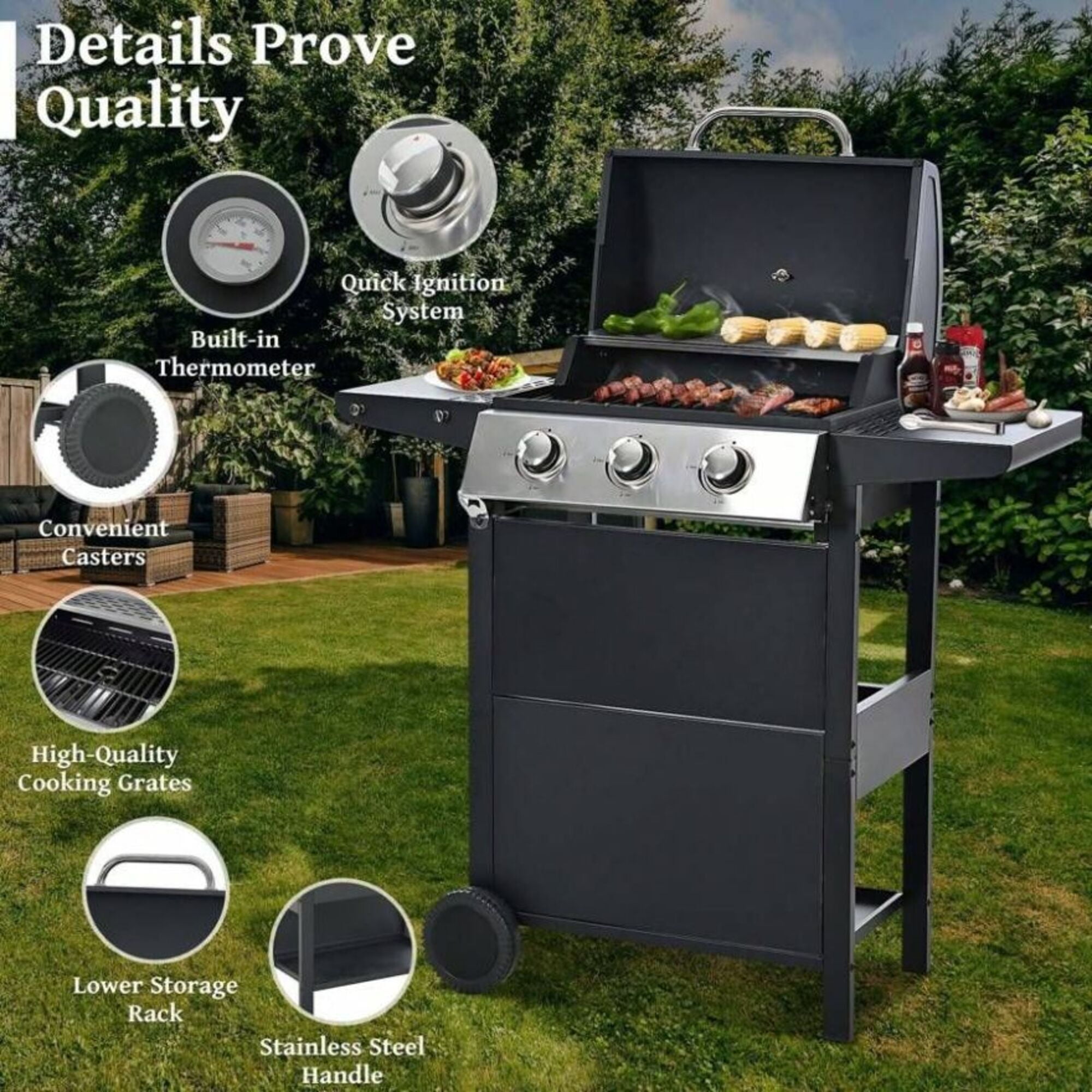 HQZX 3-Burner Propane Gas Outdoor Stainless Steel Grill with 2 Racks, for Camping and Garden