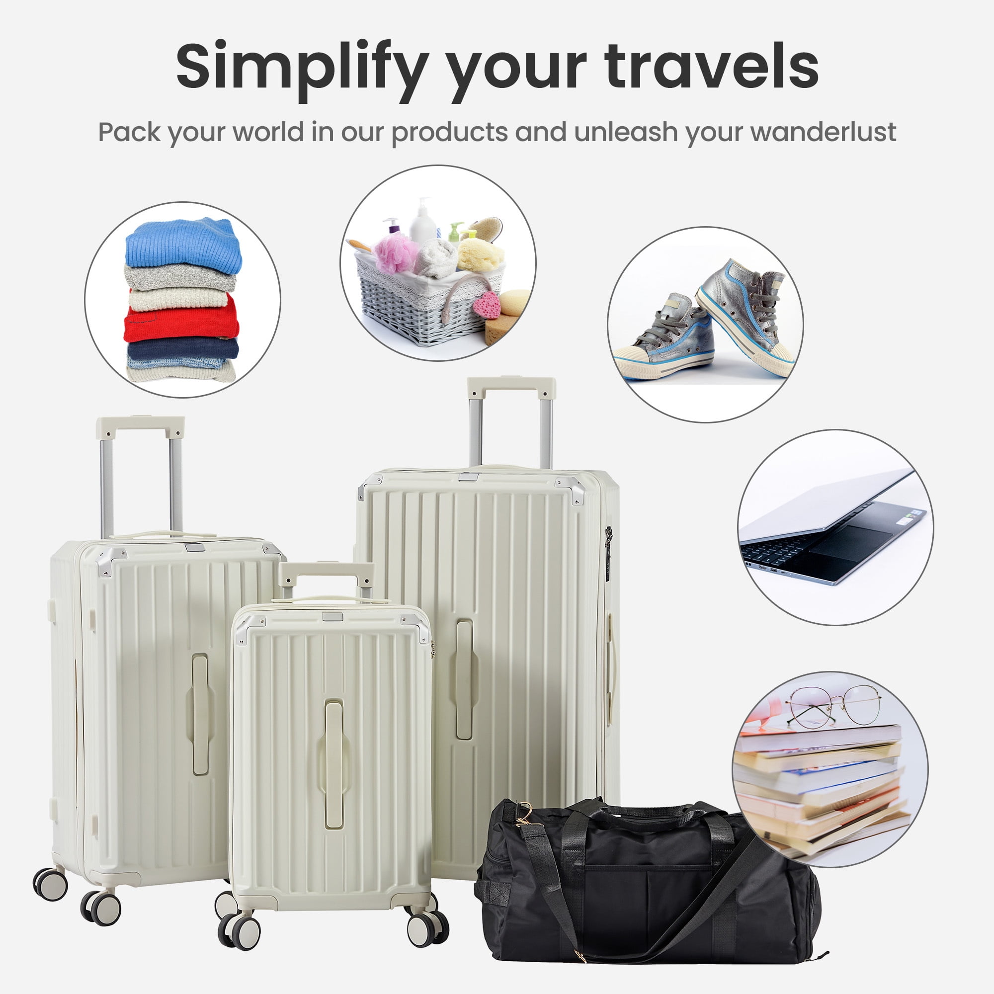 HQZX 4-Piece Luggage Sets (20”/24”/29”/Travel Bag), PC+ABS, White