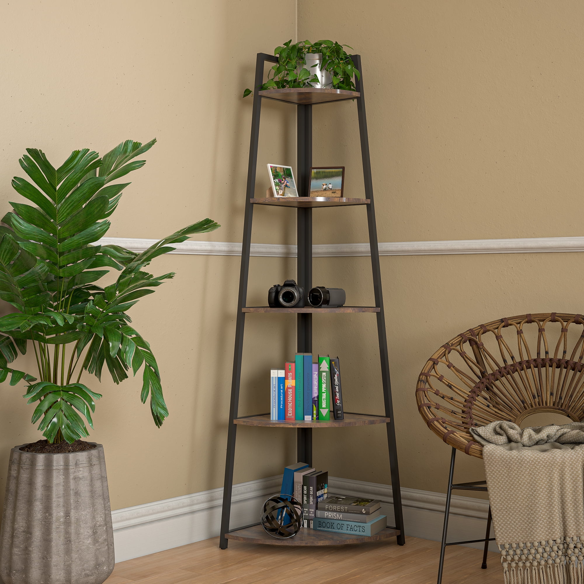 Rustic Brown 5-Tier Corner Ladder Bookshelf with Metal Frame