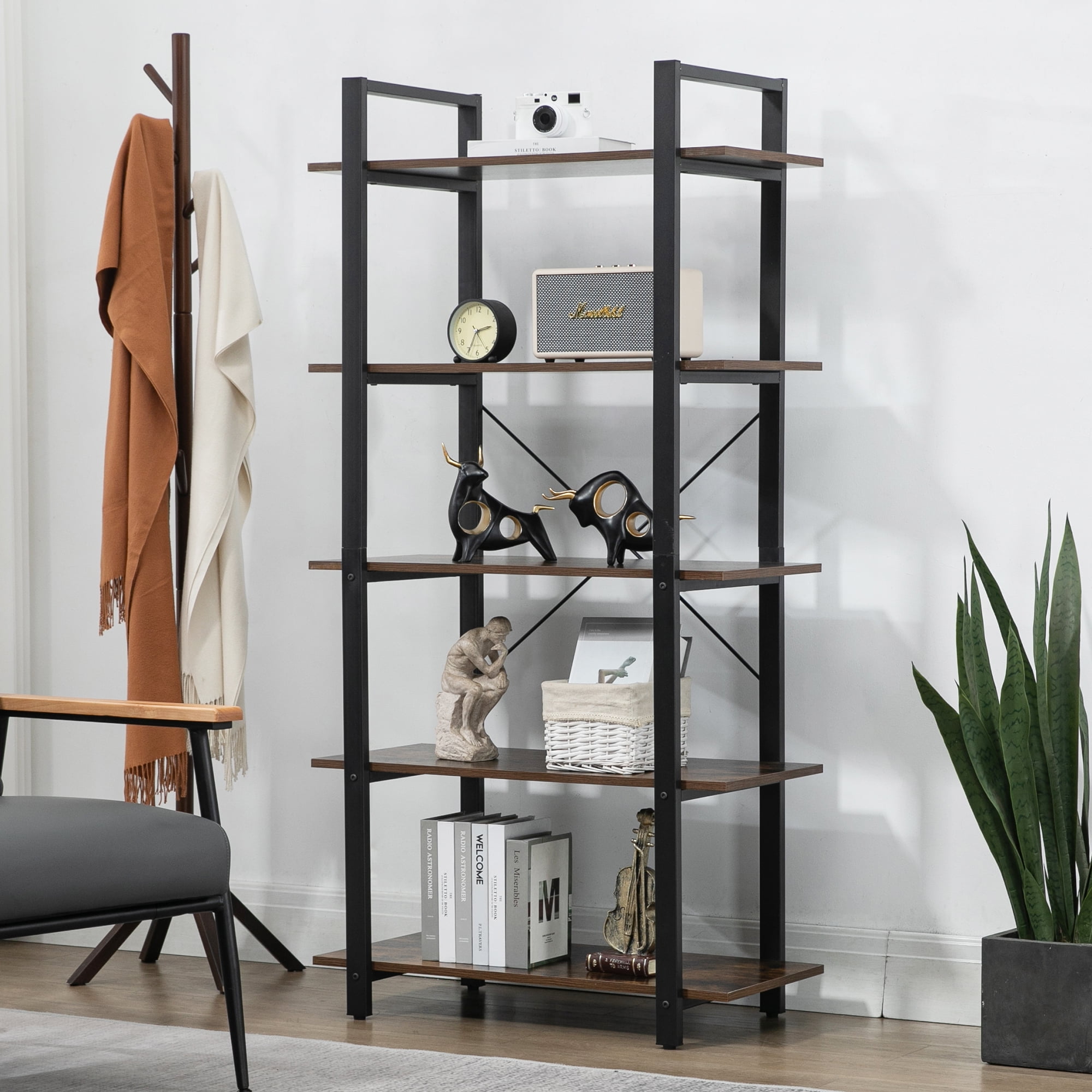 HQZX 5 Tier Vintage Open Etagere Bookshelf,Farmhouse Wood and