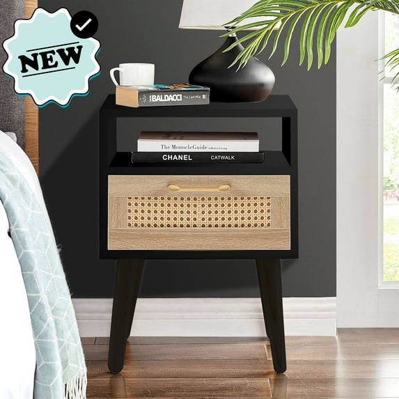 HQZX Bedroom Rattan Nightstand with 1 Drawer and Solid Wood Legs, Black, Adult, 22" H