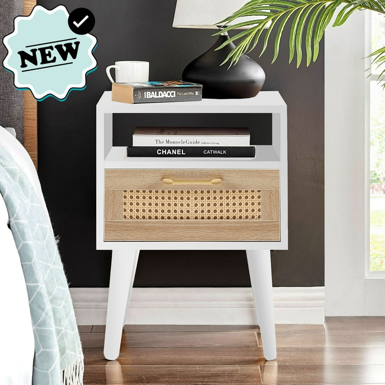 HQZX Bedroom Rattan Nightstand with Socket 1 Drawer and Solid Wood