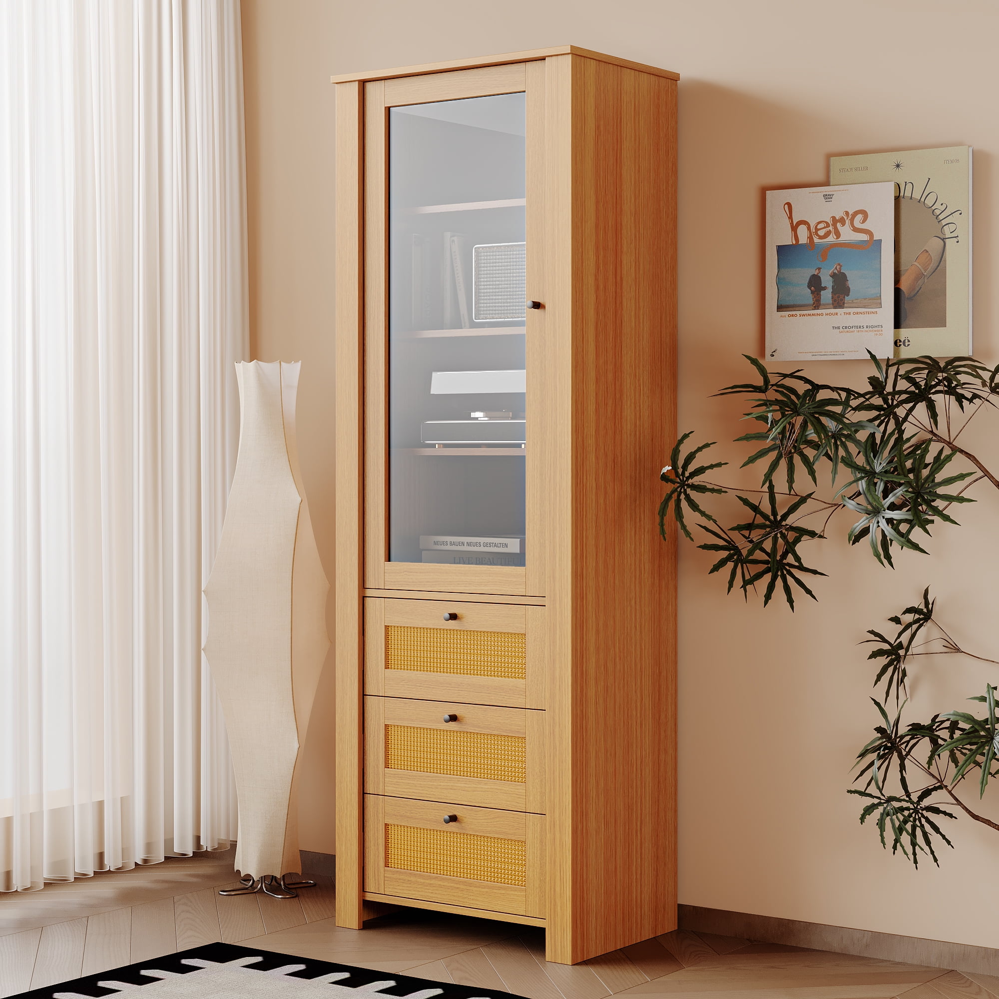 HQZX Bookcase, Farmhouse Storage Bookshelf with 3 Rattan Drawers