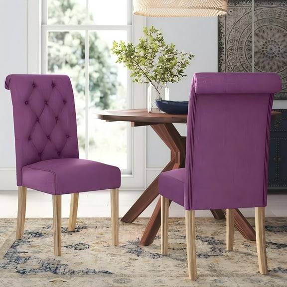 HQZX Classic Solid Wood Leg Dining Chair, Tufted Button Upholstered Chair Set of 2 for Dining Room,Purple