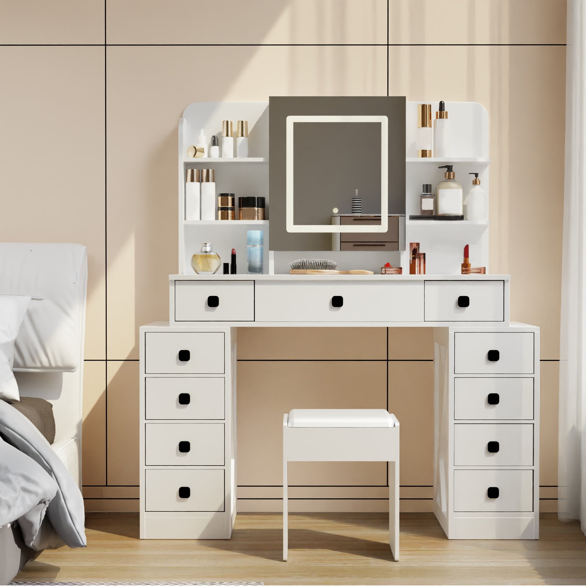 HQZX Simple Dressing Table with Mirror and 5 Drawers, Vanity