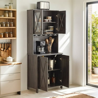 HQZX Farmhouse Wine Cabinet,Sideboard Buffet Cabinet with 4 Doors,with Wine Rack,Charcoal Gray