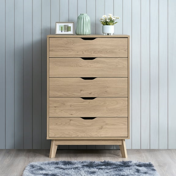 HQZX Mid-Century 5 Drawer Wooden Dresser,with Interlock Drawer,for Bedroom，Oak