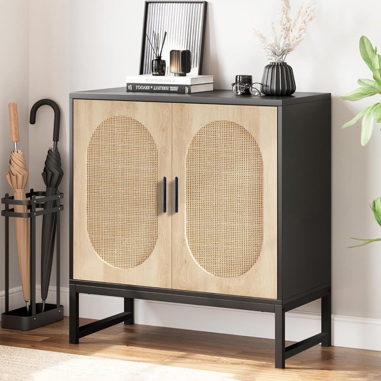 キャビネット HQZX New Mid-Century Sideboard with 2 Rattan Arched Door, Metal