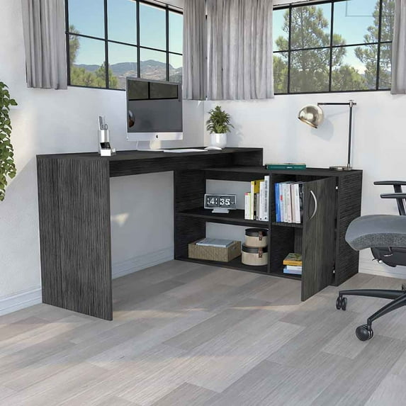 HQZX Modern L-Shaped Computer Table, Desk with Open and Closed Storage,Particle Board -Gray
