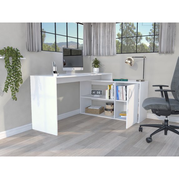 HQZX Modern L-Shaped Computer Table, Desk with Open and Closed Storage,Particle Board -White