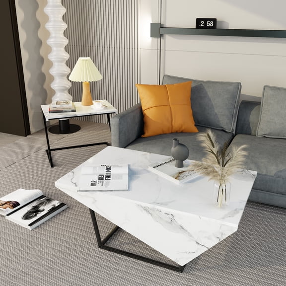 HQZX Modern Nesting Coffee Table Set of 2,Faux Marble Top,Metal Base,Living Room Side Table,White