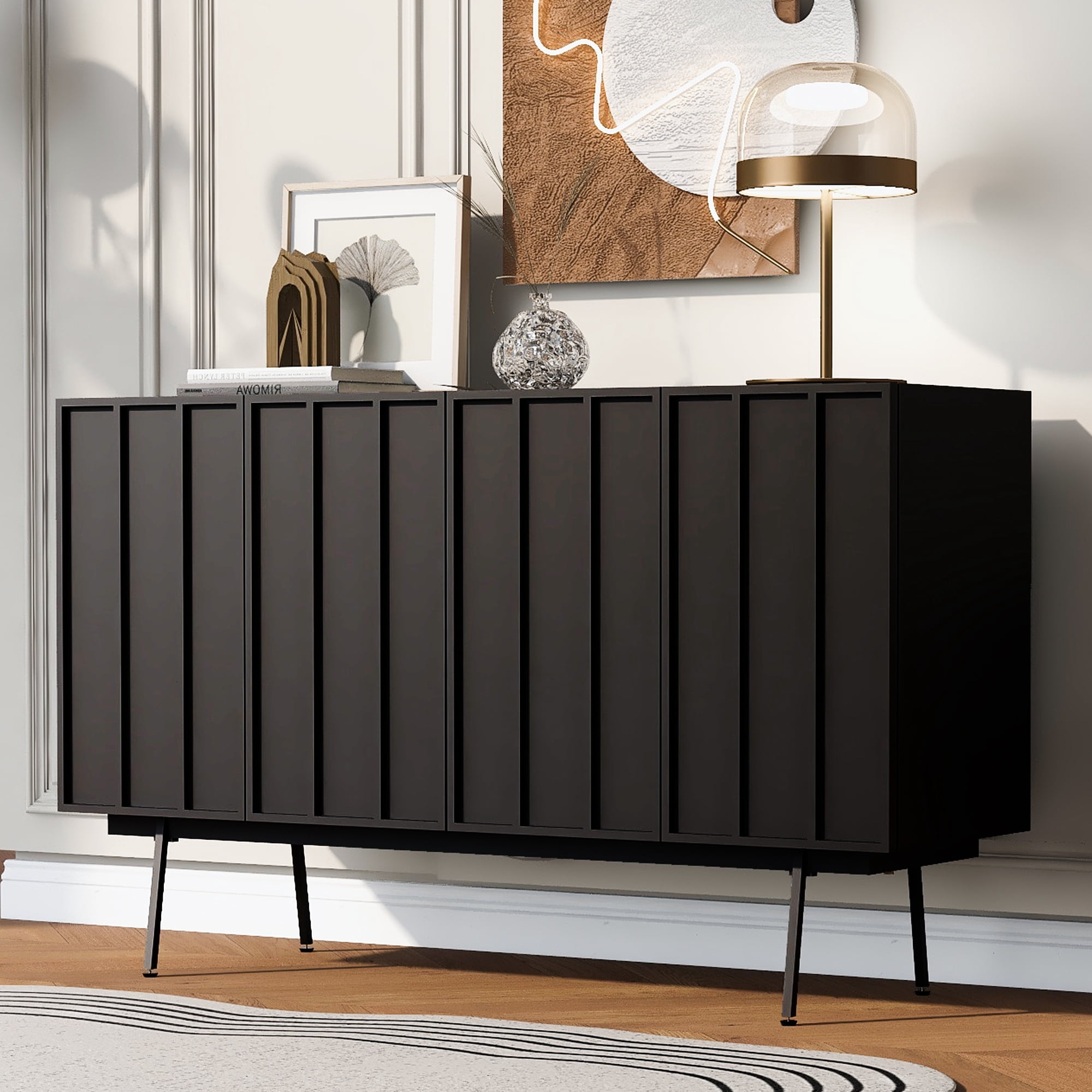 HQZX Modern Storage Cabinet with 4 Doors, Metal Legs, MDF