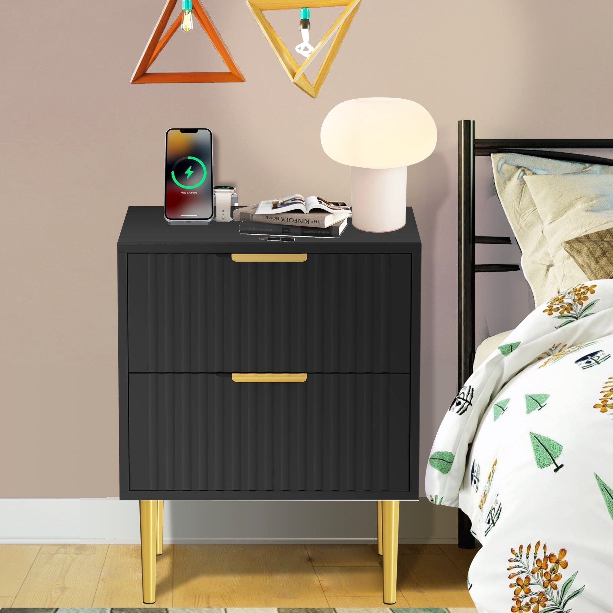 HQZX Modern Wood 2 Drawer Nightstand,Bedside Table with Charging