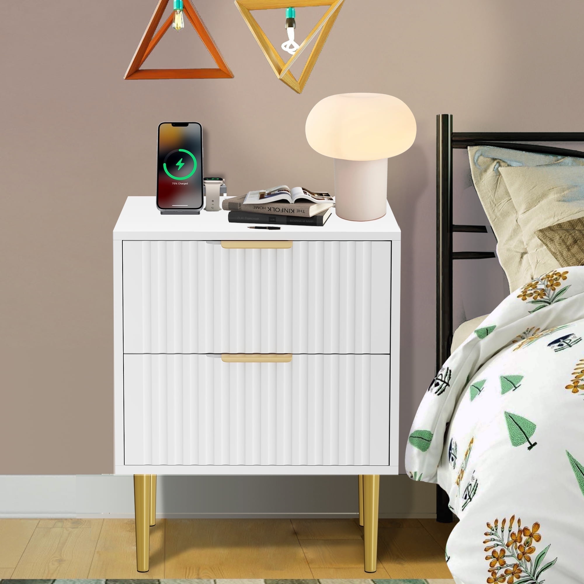 L'ÉGOÏSTE &One night stand HQZX Modern Wood 2 Drawer Nightstand,Bedside Table with Charging