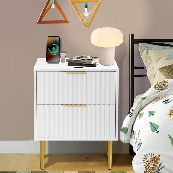 HQZX Modern Wood 2 Drawer Nightstand,Bedside Table with Charging Station,White,18.9"L,Adult
