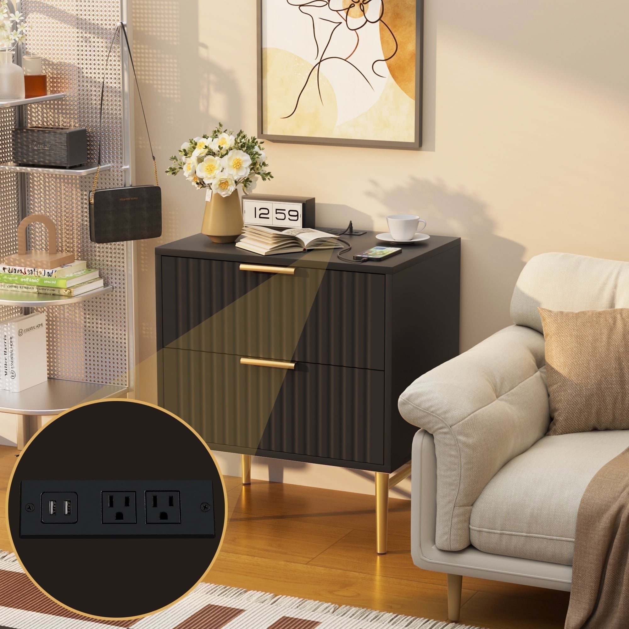HQZX Modern Wood 2 Drawer Nightstand with Charging Station,Bedside