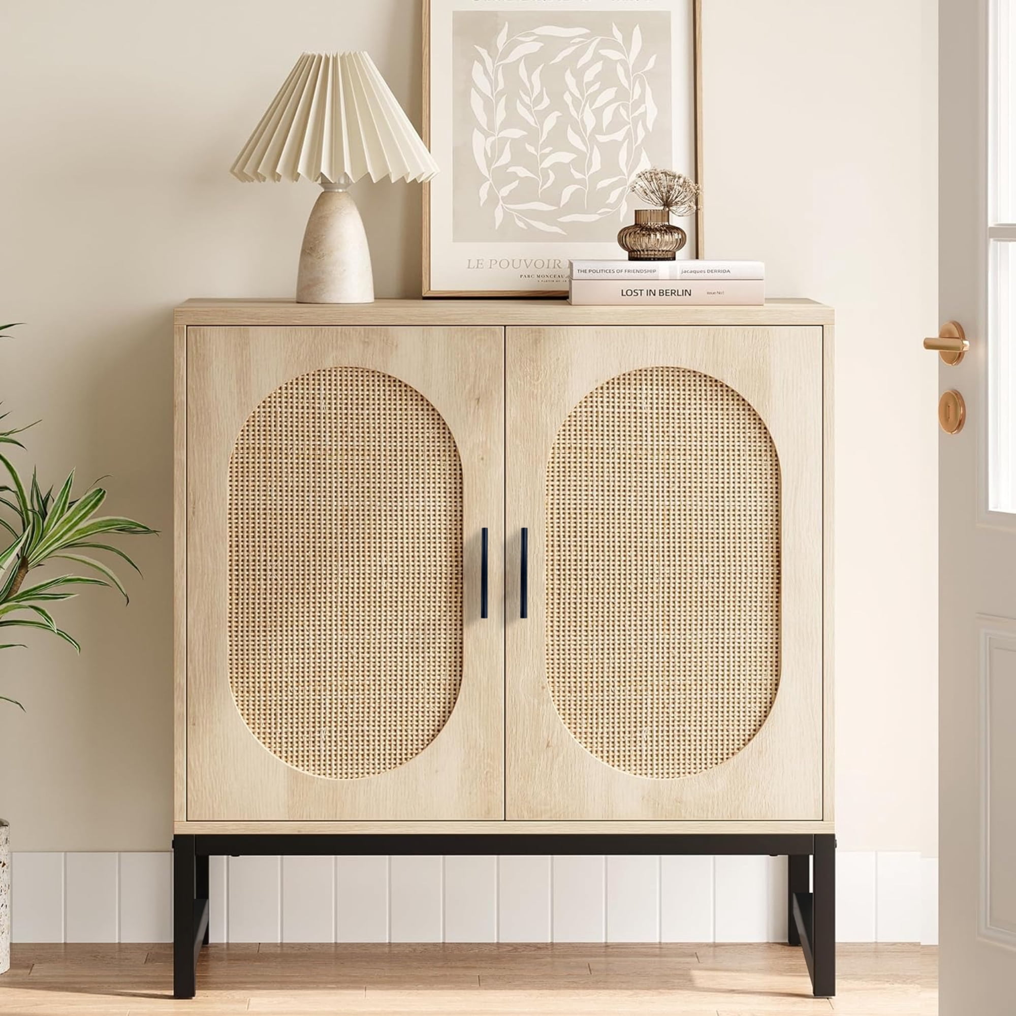 HQZX Mid-Century Sideboard, Rattan Arched Doors, Metal Legs