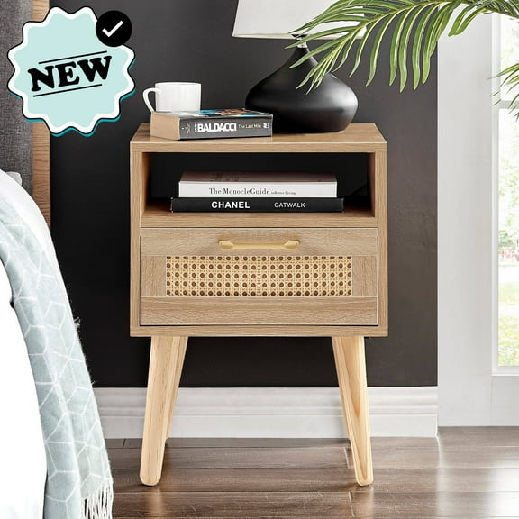 HQZX Rattan Nightstand with 1 Drawer and Solid Wood Leg,Side Table for Bedroom,Natural,Adult,22in H