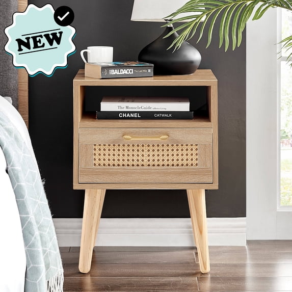 HQZX Rattan Nightstand with Power Outlet and USB Ports,1 Drawer Side Table for Bedroom,Natural,Adult
