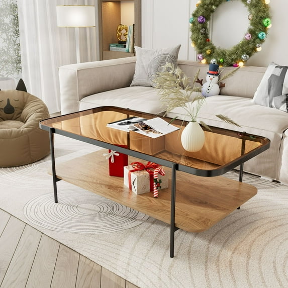 HQZX Retro Coffee Table with Metal Frame,Rectangle Central Table with Storage Shelf for Living Room