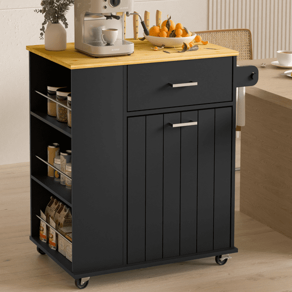 HQZX Rolling Kitchen Island Cart with Tilt Trash Cabinet,3 Spice Racks for Kitchen, 28.9"L,,Black
