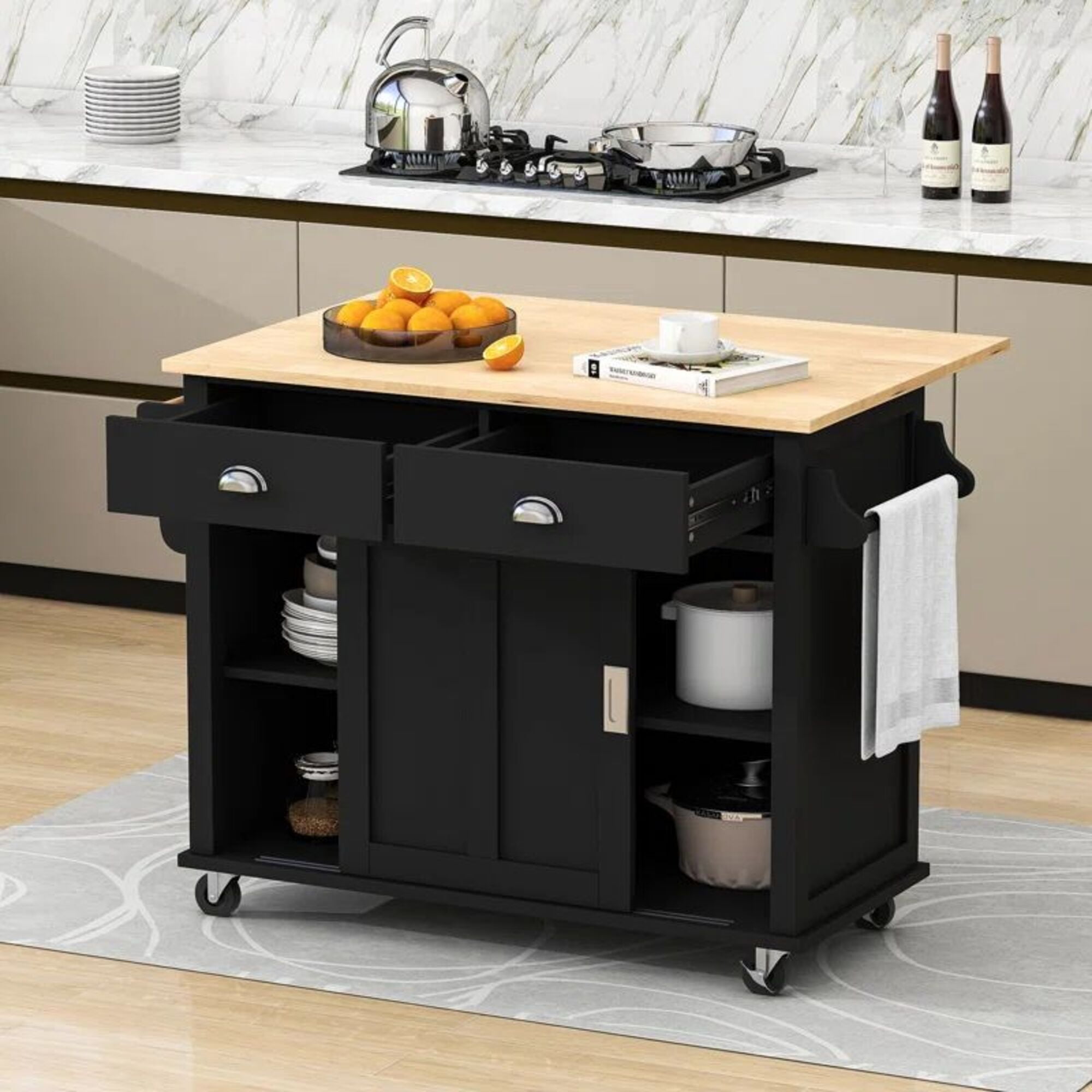 HQZX Rolling Kitchen Island with Oak Flip,2 Drawer Storage Cart