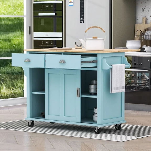 HQZX Rolling Kitchen Island with Oak Flip,2 Drawer Storage Cart,Sliding Barn Door,52.2"L,Mint Green