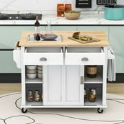 HQZX Rolling Kitchen Island with Oak Flip,2 Drawer Storage Cart,Sliding Barn Door,52.2"L,White