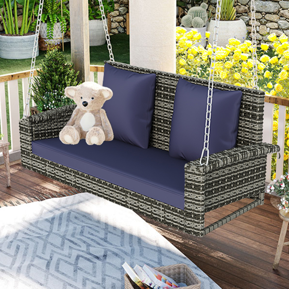 HQZX 2-Position Wicker Hanging Porch Swing with Chains and Pillows;for Use on Patios and Gardens.