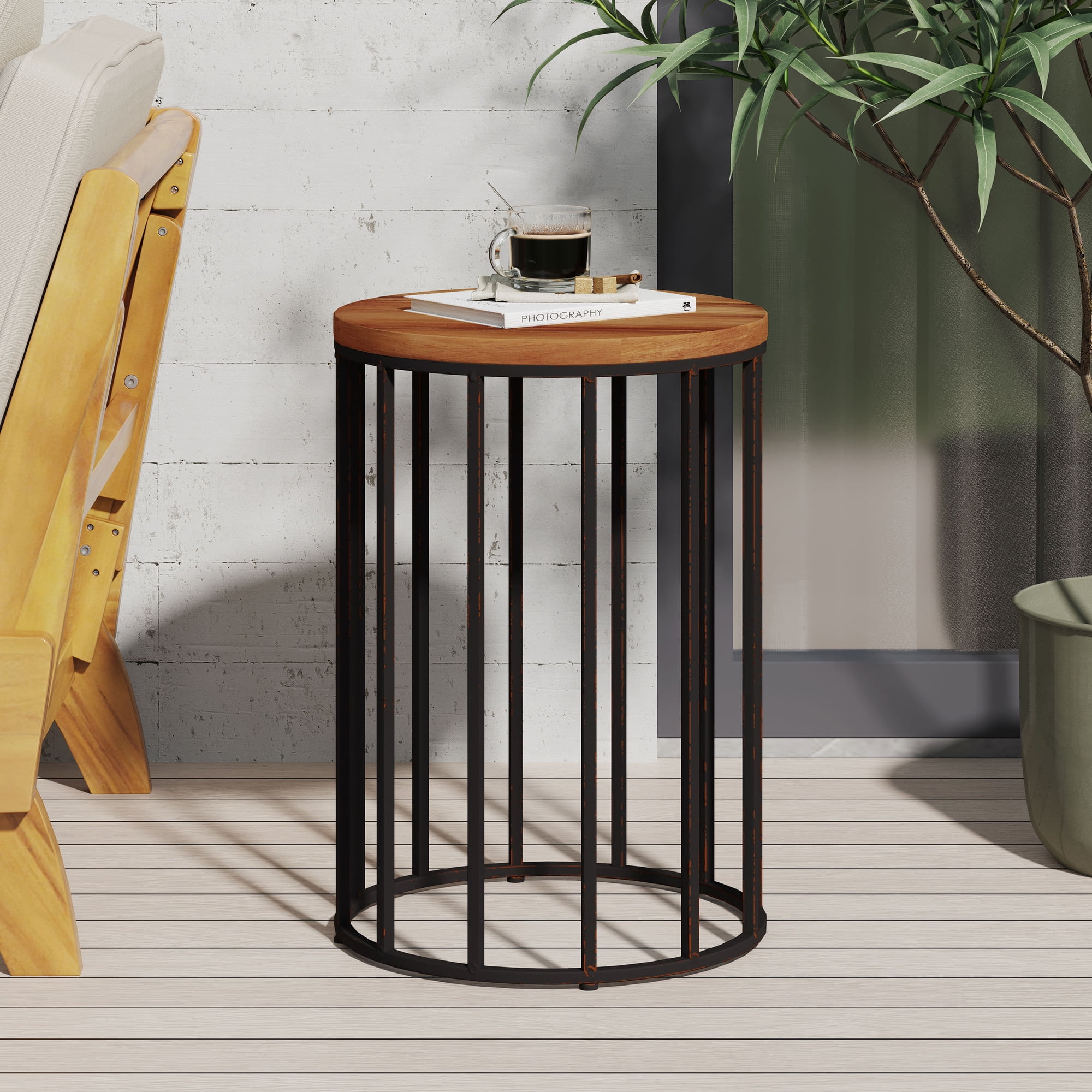 HQZX Wood Grain Side Table, Coffee Table, Metal Base, Vintage, 15